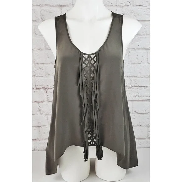BCBGMaxAzria Mura Top/Tank ~ Dark Green/Olive Fringed 100% Silk ~ Size Small - Picture 2 of 9